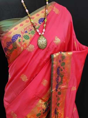 Designer Paithani Lichi Silk Peach Color Saree