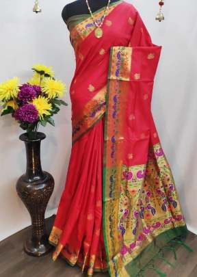 Designer Paithani Lichi Silk Red Color Saree