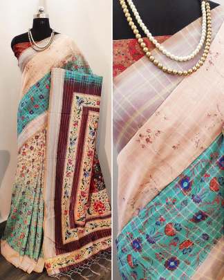 Digital Print Tussar Silk Cream Rama