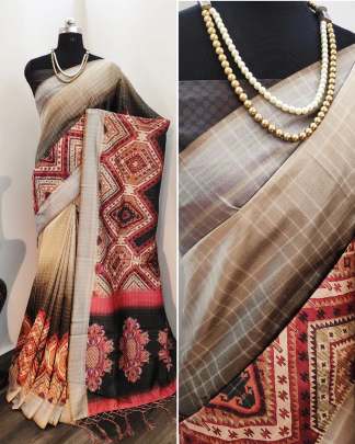 Digital Print Tussar Silk Cream Black