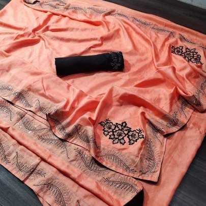 Dola Silk Purewith Stone Diamond  Work Light Orange Colour Saree