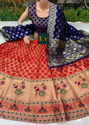 ETHNIC BROCADE LEHENGA CHOLI IN ROYAL RED AND NAVY BLUE COLOR