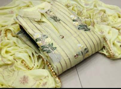 Flower Work Yellow Color Dress Material