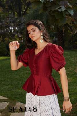 Frill   Flare Vol  2 Skirt Top In Maroon and White Color By SHUBHKALA