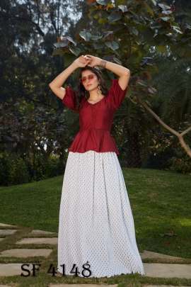 Frill   Flare Vol  2 Skirt Top In Maroon and White Color By SHUBHKALA