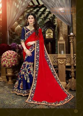  GEORGETTE SAREE RED & BLUE COLOUR WITH JARI EMBROIDERY & THREAD WORK WITH HEAVY EMBROIDERY LACE BORDER 