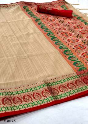 Gala Tessar Silk Cream Saree By Surati Fabrics