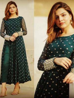 Georgette Fabric With Silk Lining Designer Light Rama Green Color Kurti