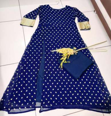 Georgette Fabric With Silk Lining Designer Dark Blue Color Kurti