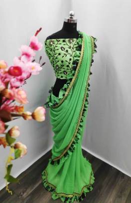  Georgette Saree With Digital Print Ruffle Light Green