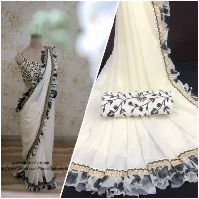  Georgette Saree With Digital Print Ruffle Off White