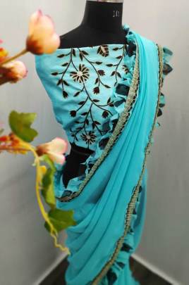  Georgette Saree With Digital Print Ruffle Rama