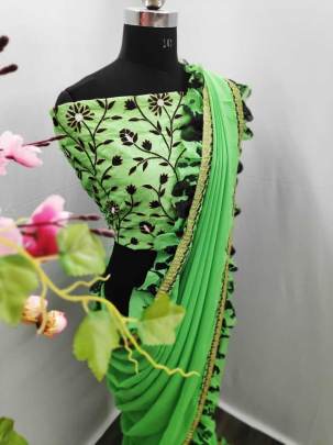 Georgette Saree With Digital Print Ruffle Light Green