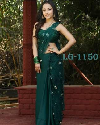 Georgette  With Fancy  Velvet Flower With Moti Green