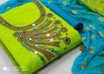 HEAVY DESIGNER  CHANDERI WORK SALWAR SUIT IN NEON GREEN