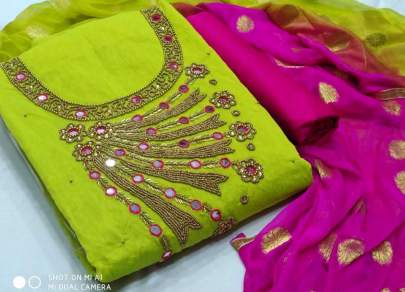 HEAVY DESIGNER  CHANDERI WORK SALWAR SUIT IN NEON GREEN