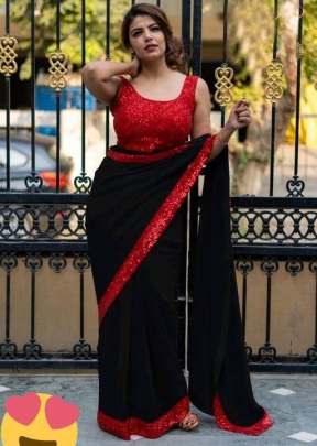 HEAVY GEORGETTE BLACK & RED COLOUR SAREE WITH  BEAUTIFUL TONE TO TONE SEQUENCE BORDER