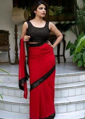 HEAVY GEORGETTE RED & BLACK COLOUR SAREE WITH  BEAUTIFUL TONE TO TONE SEQUENCE BORDER