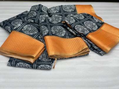 Handloom Linen Saree Black Light Orange