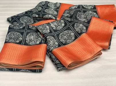 Handloom Linen Saree Black Orange