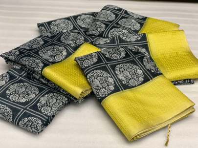 Handloom Linen Saree Black Yellow