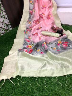 Handloom Linen Saree Cream Pink