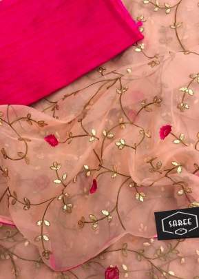 Heavy Organza With Embroidery Work Peach Color Saree