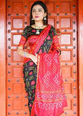 Indian Glory Silk With Zari Border BLack With Red Color Saree