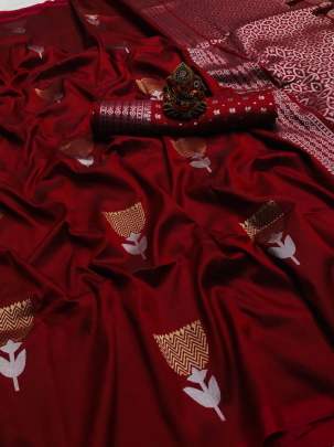 Jam Lichi Silk With Weaving Silver And Gold Jari Red