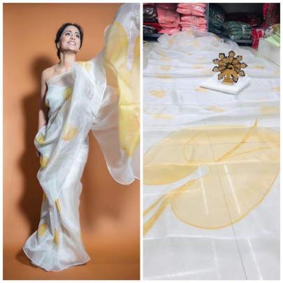 KD 132 Organza Silk Hina Khan Yellow   White Saree