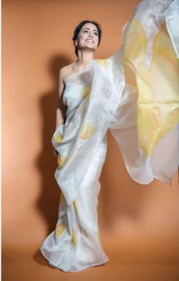 KD 132 Organza Silk Hina Khan Yellow   White Saree