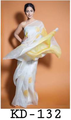 KD 132 Organza Silk Hina Khan Yellow   White Saree