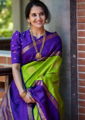 Kanjivaram pure silk saree handwoven For Special Occasion in apple green color.