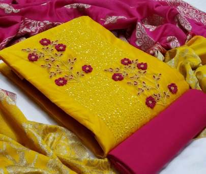 Khatli Work Pink   Yellow Color Dress Material