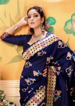 Lichi Silk Printed Saree  With Champion yogeshwari Royal Blue