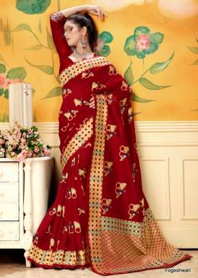 Lichi Silk Printed Saree  With Champion yogeshwari Red