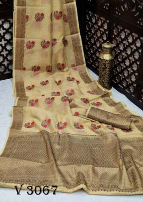 Linen  Cotton Saree In Golden Color By Ankita Flower