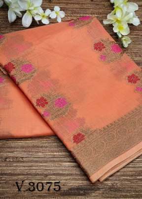 Linen  Cotton Saree In Orange Color By Ankita Flower