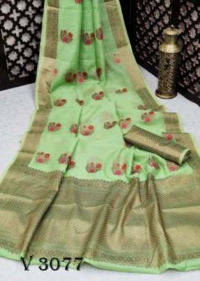 Linen  Cotton Saree In Parrot Color By Ankita Flower