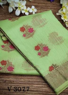 Linen  Cotton Saree In Parrot Color By Ankita Flower