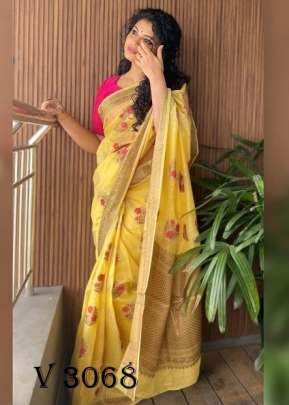 Linen  Cotton Saree In Yellow  Color By Ankita Flower