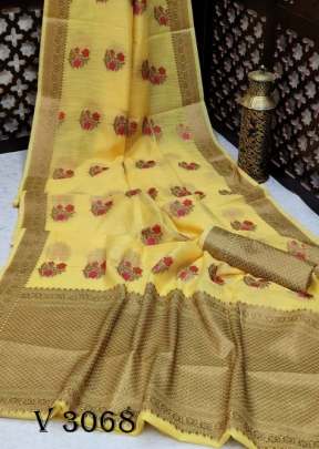 Linen  Cotton Saree In Yellow  Color By Ankita Flower