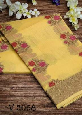 Linen  Cotton Saree In Yellow  Color By Ankita Flower