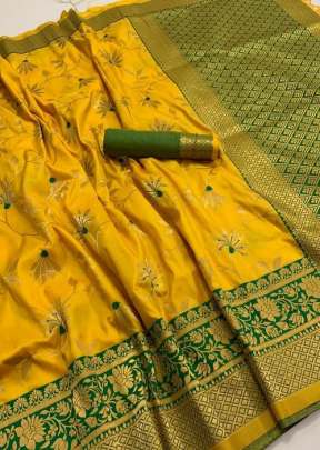 Lotus incredible weaved pure katan silk Yellow Color sarees