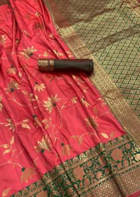 Lotus incredible weaved pure katan silk Light Peach Color sarees