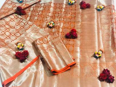 Maharaja Lichi Silk With Wiving Silver Zari Orange