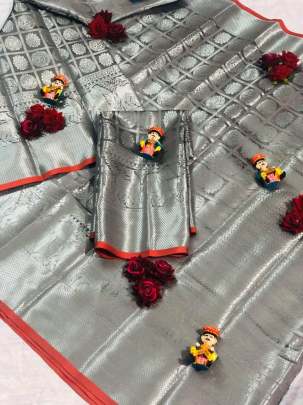 Maharaja Lichi Silk With Wiving Silver Zari Grey