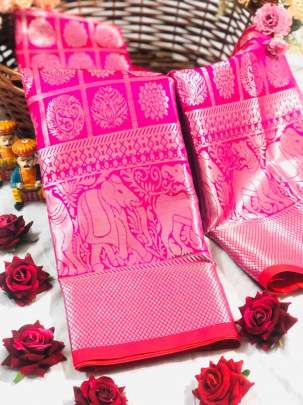 Maharaja Lichi Silk With Wiving Silver Zari Pink