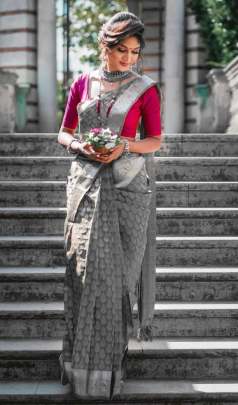 NEW KANCHIPURAM SILK SAREE IN HOT GREY COLOR WITH AMAZING BUTTAS OF SILVER ZARI