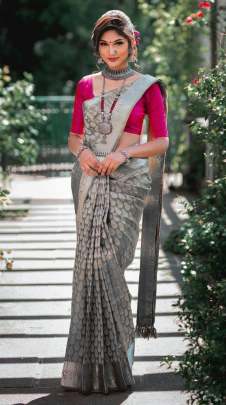 NEW KANCHIPURAM SILK SAREE IN HOT GREY COLOR WITH AMAZING BUTTAS OF SILVER ZARI